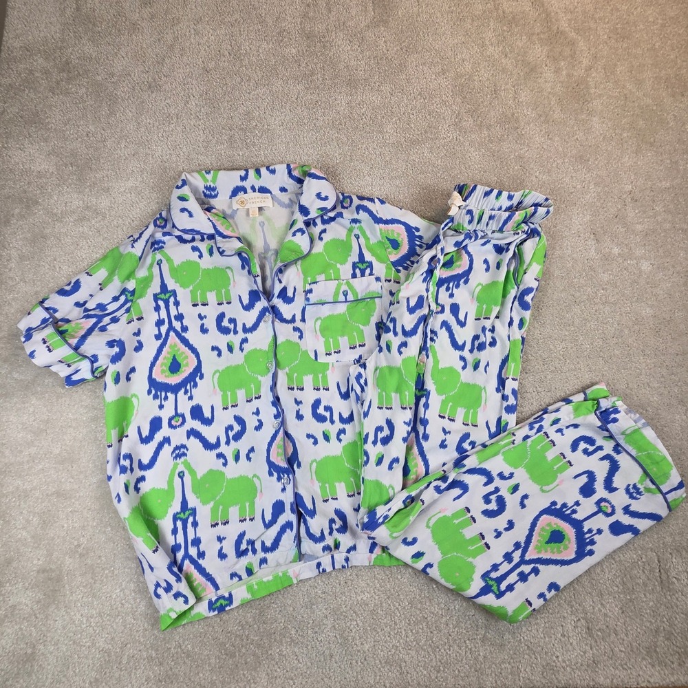 Sheridan French Womens XS Pajama Set Green Blue Elephant Ikat Viscose 2pc Lounge
